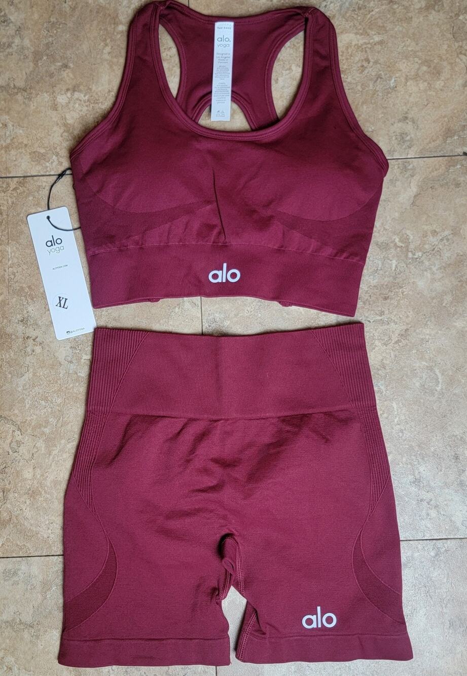 ALO Yoga XL Racerback Sport Bra Biker Short Burgundy Athletic Activewear Gym Set
